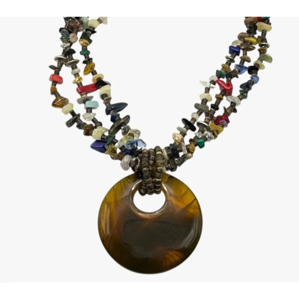 Boho Multi Gemstone Necklace Chunky Resin Pendant Layered Nugget Statement